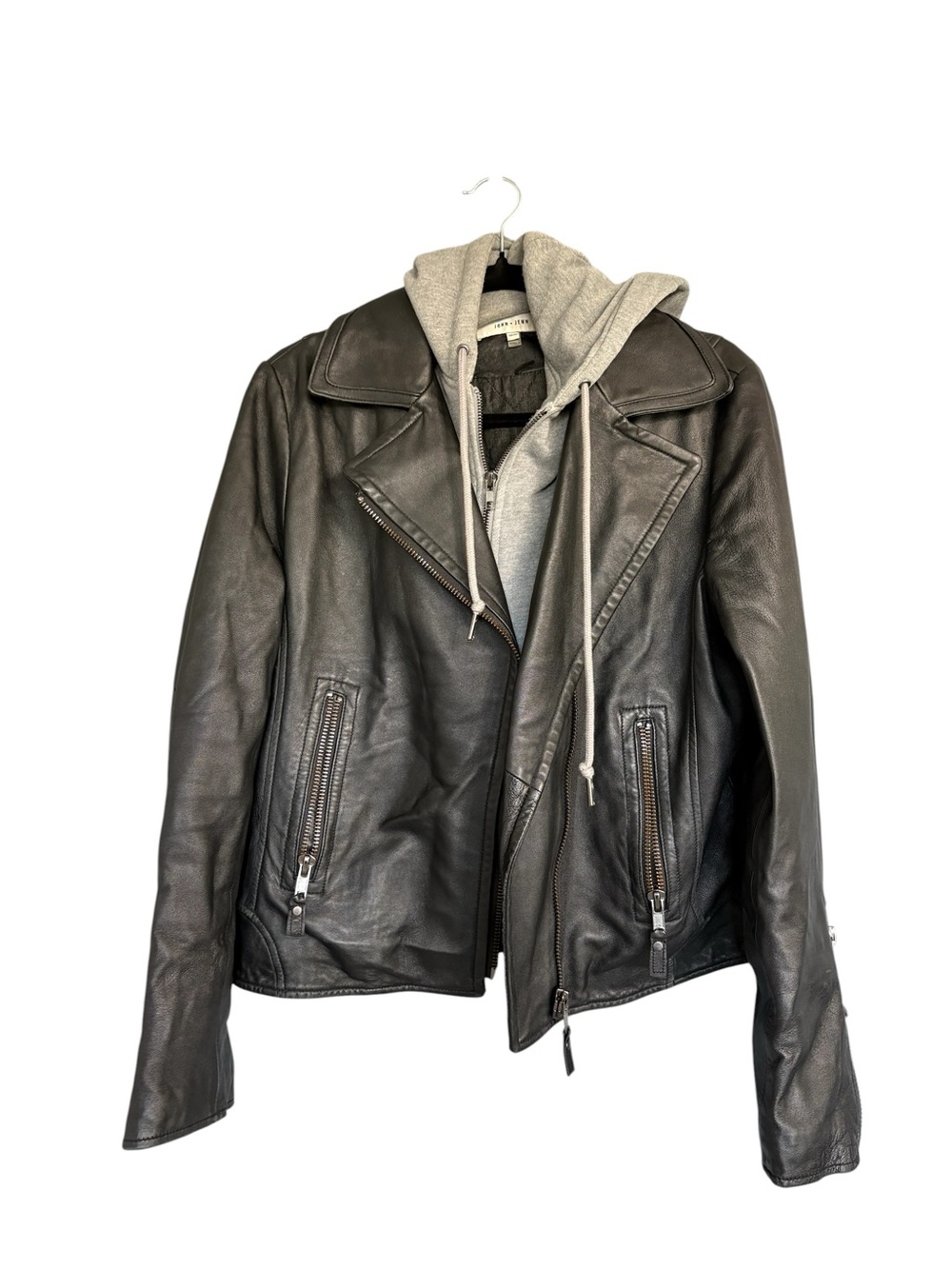 John + Jenn Black Lambskin Leather Moto Jacket w/ Gray Hood Insert Size M - Picture 2 of 9